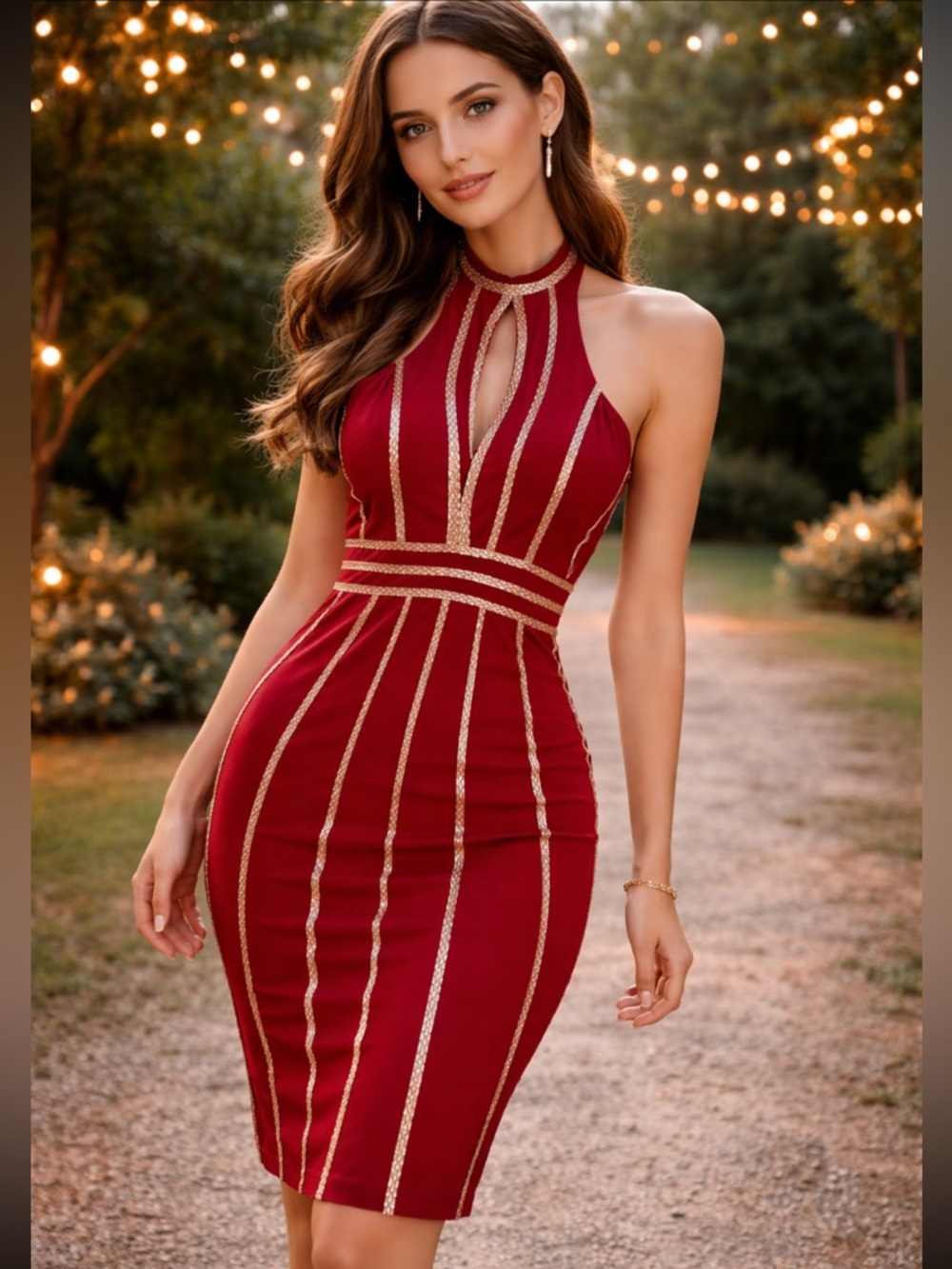 madison james Red Sequin-Trim Halter Dress